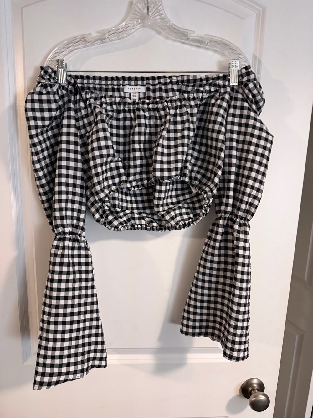 Topshop Black & White Gingham Off-Shoulder Crop Top